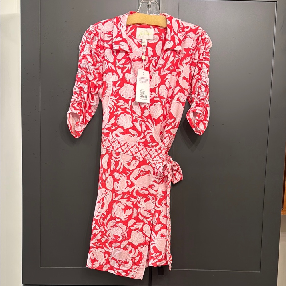Lilly Pulitzer Ibby Wrap Romper Dress. Size Small NWT. Coral Crab Collab